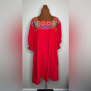 Shoreline Embroidered Mexican Style Red Midi Dress Square Neck Size 2XL